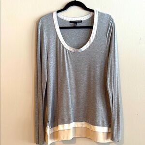 White House Black Market Gray and Cream Long Sleeve Relaxed Blouse
